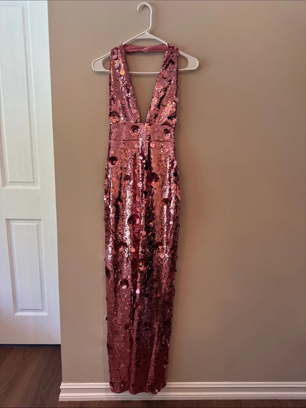 Oh Polly Rose Gold Sequin Plunge Gown - Picture 1 of 6